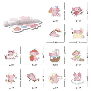 Size chart showing 12 cute axolotl cartoon stickers for water bottles and laptops