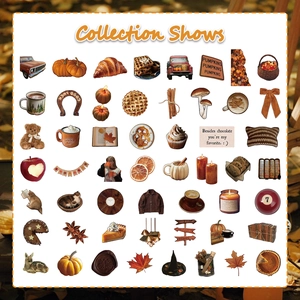 Detailed collection of 53 autumn vintage scrapbooking stickers with pumpkins and maple leaves