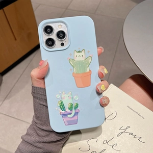 Detail of blue liquid silicone phone case with cute cat and cactus cartoon illustration