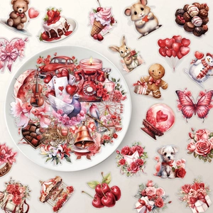 Detailed close-up of 50pcs romantic Valentine heart DIY stickers with cute cartoon designs