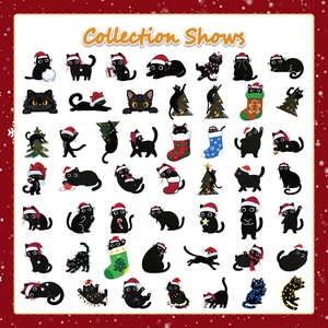 Collezione di 49 simpatici adesivi di gatto nero natalizio con decorazioni festive
