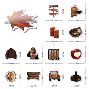 Autumn retro stickers size chart showing 12 aesthetic designs with precise dimensions