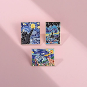 Artistic Van Gogh Starry Night enamel pins with cats and painter figure on pink background