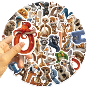 Close-up of 3D animal alphabet stickers featuring a cute octopus on a colorful PVC decal