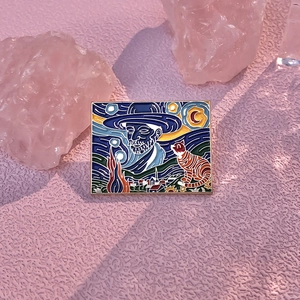 Starry Night inspired Van Gogh enamel brooch with a hat man and orange cat accessory
