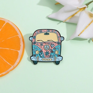 Creative cartoon vintage bus enamel pin with floral patterns and Peace sign on green background