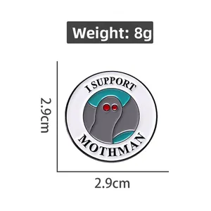 Detail view of I SUPPORT MOTHMAN enamel pin badge with dimensions and weight display