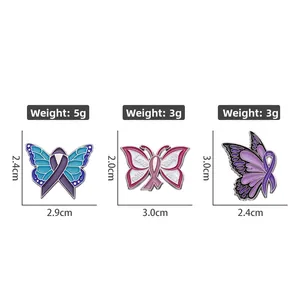 Vue détaillée des broches papillon en émail avec textes inspirants et dimensions