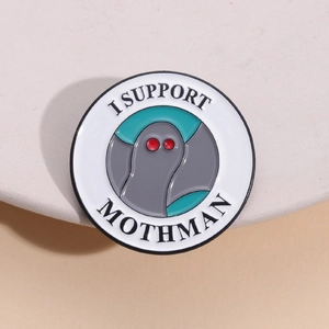 I Support Mothman Enamel Pin Cartoon Cryptid Red Eyes Round Alloy Brooch Badge For Clothing Backpack Decoration Unisex Gift