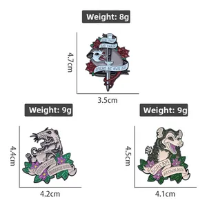Detailed size and weight specs for various screaming opossum enamel lapel pins