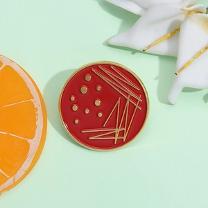 Unique geometric round red enamel brooch with golden bacteria lab culture pattern