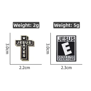 Detail view of Jesus Saves cross pin and E Rated for Everyone enamel badge with dimensions