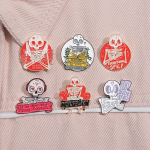 Set of six funny enamel skull pins featuring humorous English quotes on pink denim