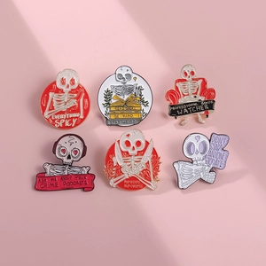Detailed view of six unique skull enamel pins with black humor themes on pink background