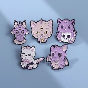 Set of 5 purple enamel pins featuring cartoon magic cats and gothic kittens badges