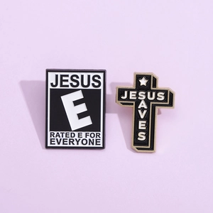 Religious enamel pins set with Jesus Saves cross and black Jesus lettered badge