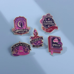 5-piece magic witch enamel pin set with owl, crystal ball, potion bottle, and wizard hat
