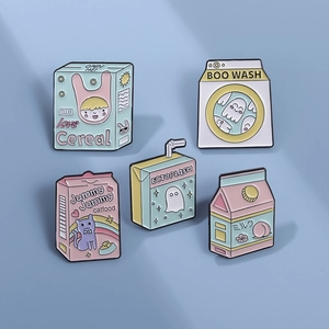 Five unique cartoon enamel pins featuring milk boxes and ghosts for clothes and backpacks