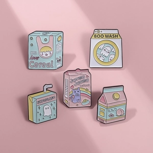 Set of five colorful enamel milk box and snack badges for clothes and backpack decor
