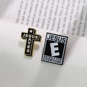 Hip-hop style Jesus Saves cross and letter E black enamel pins on an open book