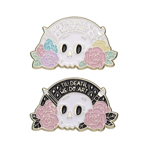 Artistic skeleton and rose enamel pin with Til Death We Do Art slogan on white background