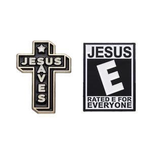Hip-hop enamel pin set featuring a Jesus Saves cross and a Rated E for Everyone badge