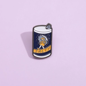 Creative salty girl enamel pin featuring a blue salt canister design and yellow raincoat