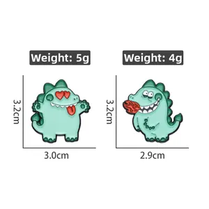 Détail des broches dinosaures en émail vert avec dimensions et poids des produits