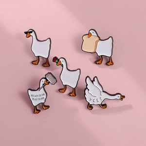 Set van 5 grappige witte gans emaille pinnen met cartoon meme ontwerpen op roze