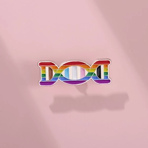 Detailed view of rainbow DNA double helix enamel brooch with silver alloy plating