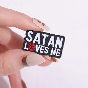 Funny SATAN LOVES ME black rectangular pin with pentagram for gifts and accessories