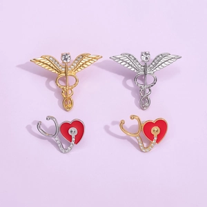 Medical Series Alloy Rhinestone Enamel Brooch Pin Set For Doctor Nurse Caduceus Stethoscope Heart Shape Fashion Jewelry Badge Gift