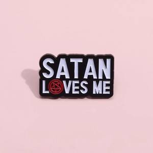 Minimalist Satan Loves Me enamel metal brooch with a red pentagram symbol on black