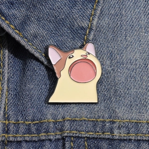 Cute enamel Pop Cat meme brooch pin on a denim jacket collar for casual clothing decor