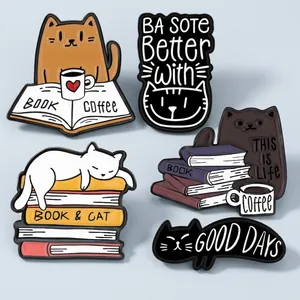 Cute Cartoon Cat Reading Book Coffee Enamel Pin Badge Alloy Brooch For Backpack Clothing Accessories Gift For Cat Lovers