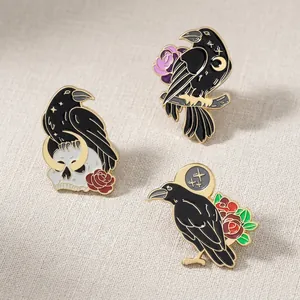 Gothic Crow Raven Skull Rose Enamel Brooch Pin Alloy Dark Aesthetic Halloween Animal Badge Jewelry Gift For Clothes Bags Backpacks