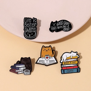 Cute cat enamel pin set featuring coffee and book themes for backpacks and clothes