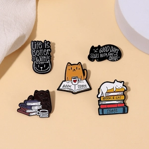 Set of 5 enamel pins featuring cute cats, books, and coffee with vibrant metal finish