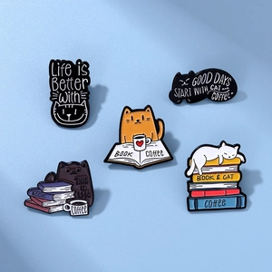 Set of 5 cute cat and book enamel pins with coffee motifs and inspirational text