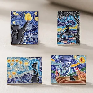 Épingle en Émail Chat Artistique Nuit Étoilée de Van Gogh Alliage Rectangle Peinture Artistique Badge Métallique pour Accessoires de Vêtements