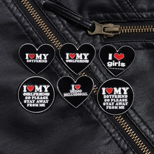 Trendy set of 6 black heart enamel pins for leather jackets featuring aesthetic quotes
