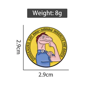Broche ronde en émail avec motif de dinosaure et citation féministe, 2,9cm de 8g