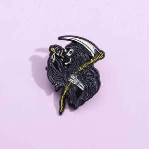 Retro Halloween grim reaper enamel brooch pin with scythe and skull head design
