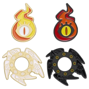 Set of four Eye of Horus and Seraphim enamel pins with flame and wing designs
