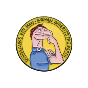Pin's en émail dinosaure créatif style Rosie la riveteuse avec slogan féministe