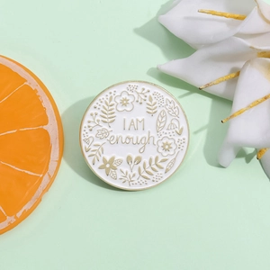 Inspirational Mental Health Enamel Pin Brooch I AM Enough Alloy Round Floral Badge For Clothing Backpack Decor Women Men
