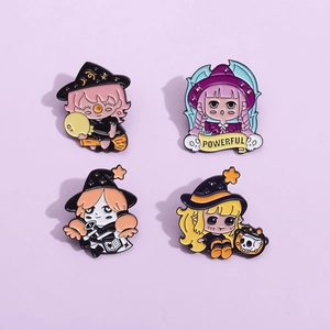 Set of four anime wizard enamel pins featuring cute chibi girls with magic accessories