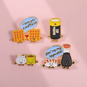 Lot de pin's émaillés créatifs avec sushi, gaufre et badges métalliques à messages