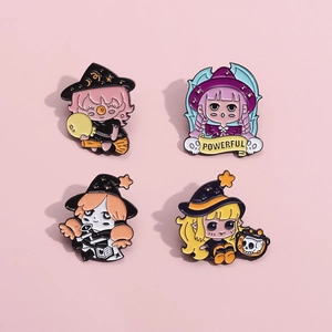 Set of 4 colorful cartoon witch enamel pins featuring stars and magical elements