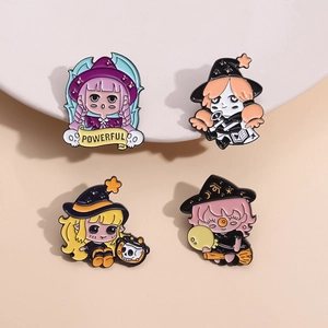 Set of four colorful cartoon witch enamel pins featuring creative magical girl designs